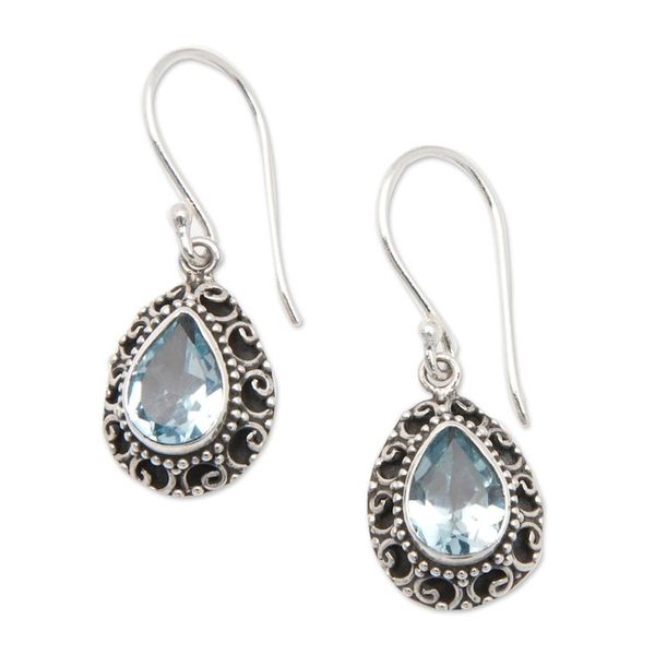Alternate image for Sterling Silver Dangle Earrings with Faceted Blue Topaz Gems Luxurious Winds in Blue