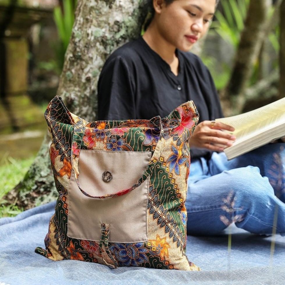 Handmade Cotton Foldable Tote Bag with Vibrant Batik Motifs 'Blitar's Eden'