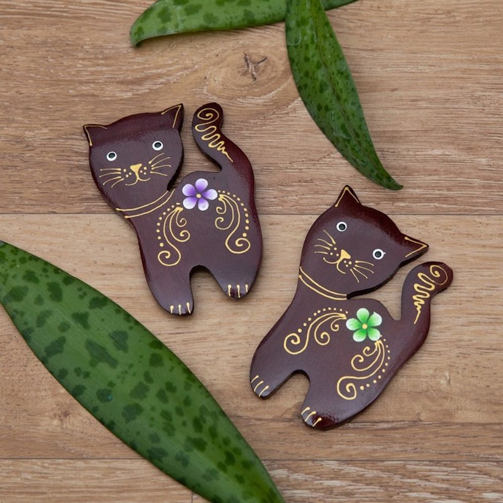 Set of 2 Hand-Painted Floral Cat-Shaped Wood Magnets 'Paradisial Kittens'