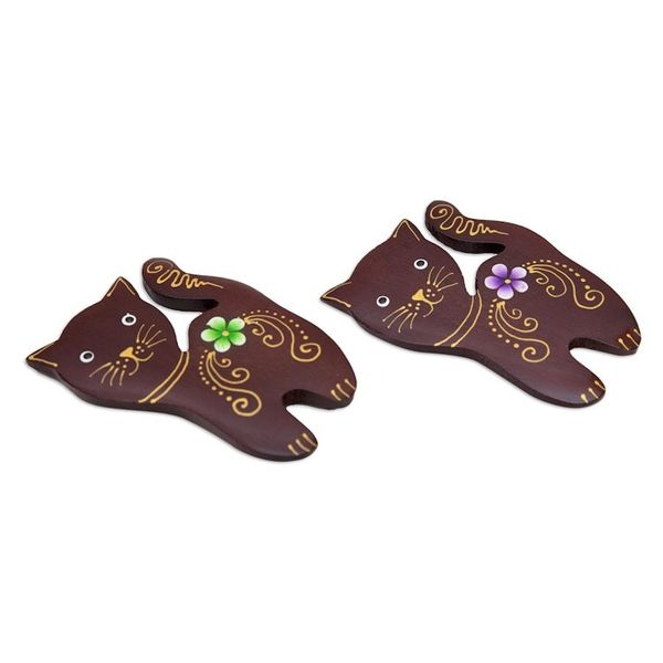 Alternate image for Set of 2 Hand-Painted Floral Cat-Shaped Wood Magnets Paradisial Kittens