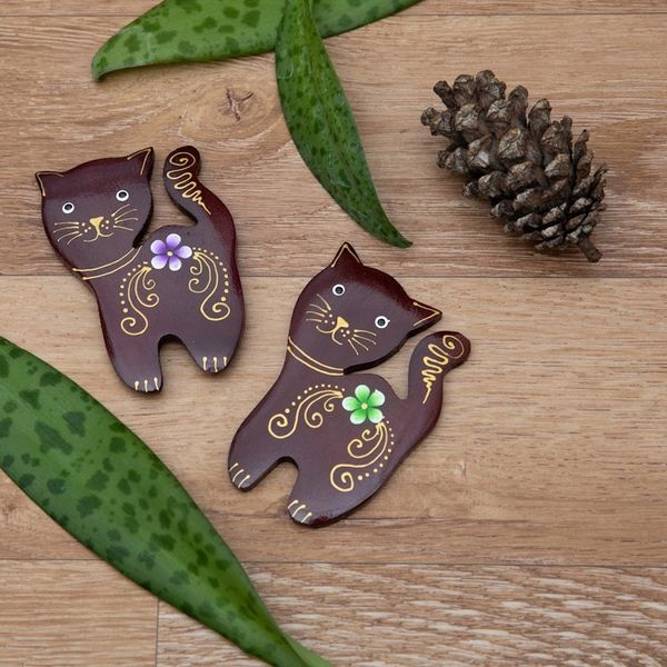 Alternate image for Set of 2 Hand-Painted Floral Cat-Shaped Wood Magnets Paradisial Kittens