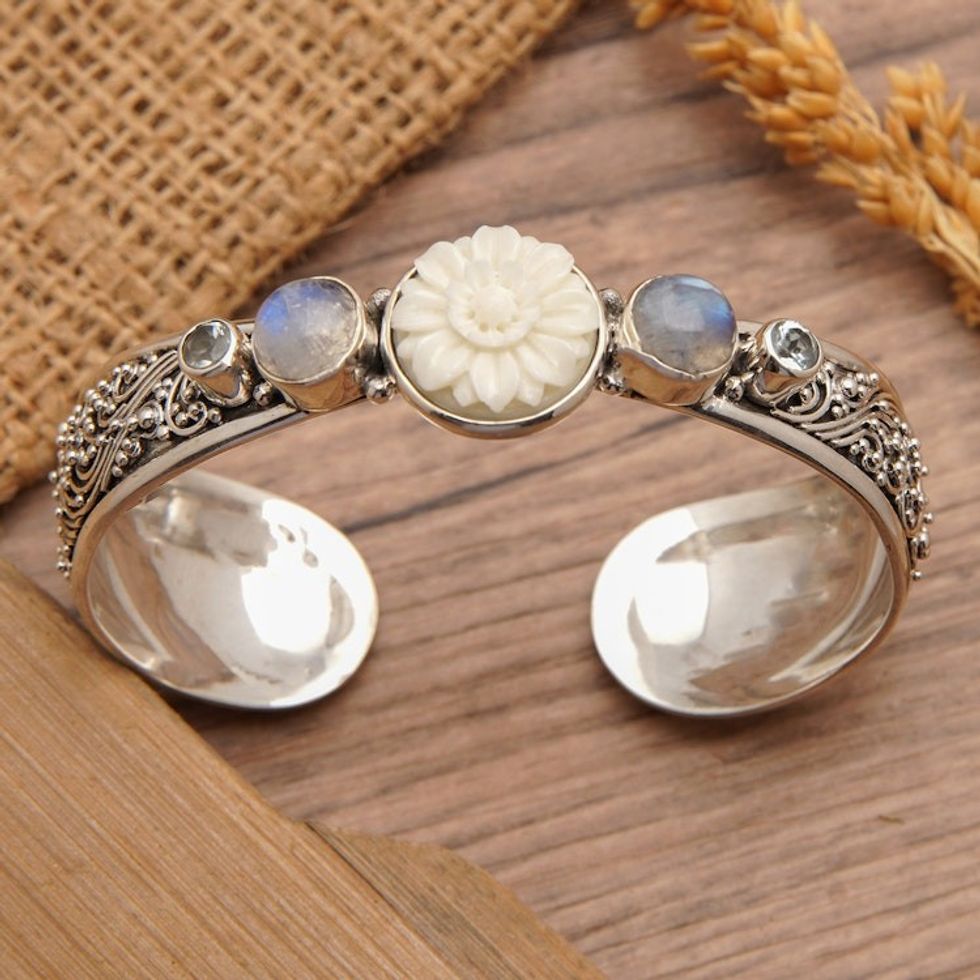 Traditional Blue Topaz and Rainbow Moonstone Cuff Bracelet 'Charming Shades'