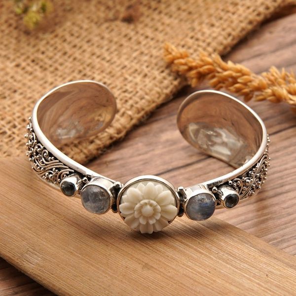 Alternate image for Traditional Blue Topaz and Rainbow Moonstone Cuff Bracelet Charming Shades