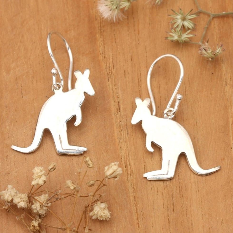 Polished Kangaroo-Shaped Sterling Silver Dangle Earrings 'Kangaroo Girl'
