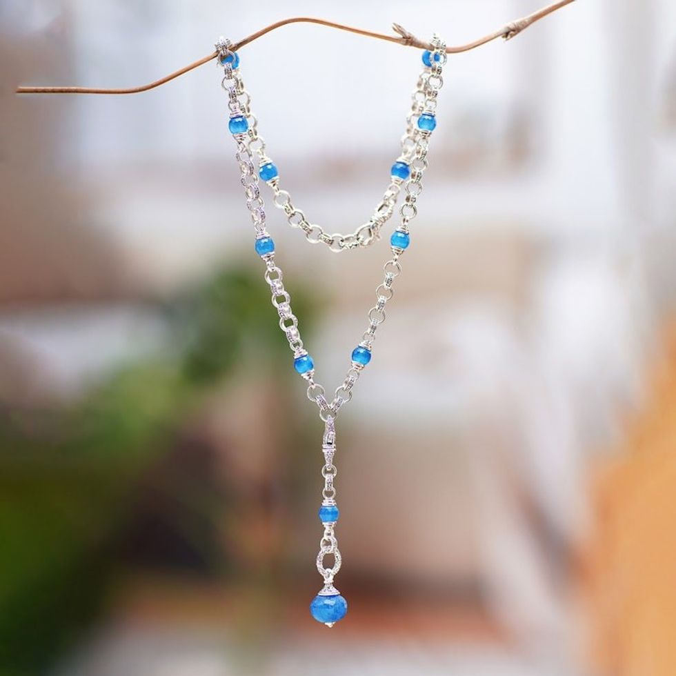 Traditional Sterling Silver and Chalcedony Y Necklace 'Heaven's Blue Path'