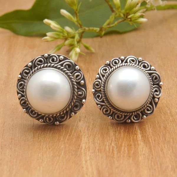 Alternate image for Balinese Floral Silver-White Cultured Pearl Button Earrings Pearly Balinese