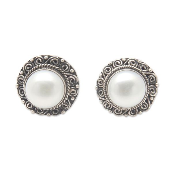 Alternate image for Balinese Floral Silver-White Cultured Pearl Button Earrings Pearly Balinese