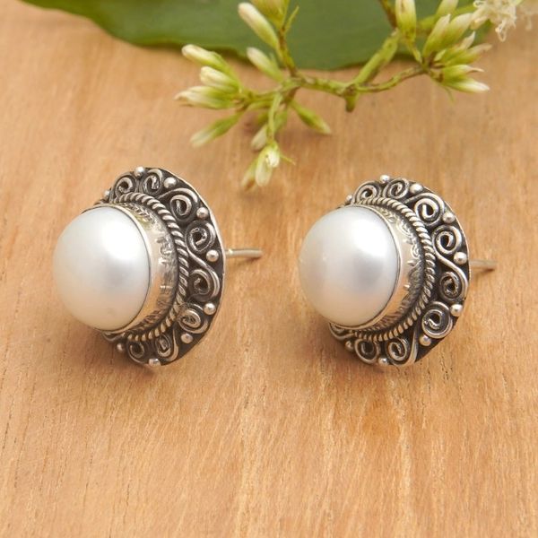 Alternate image for Balinese Floral Silver-White Cultured Pearl Button Earrings Pearly Balinese