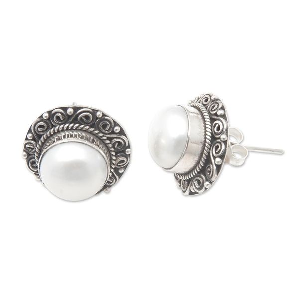 Alternate image for Balinese Floral Silver-White Cultured Pearl Button Earrings Pearly Balinese