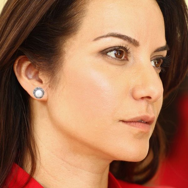 Alternate image for Balinese Floral Silver-White Cultured Pearl Button Earrings Pearly Balinese