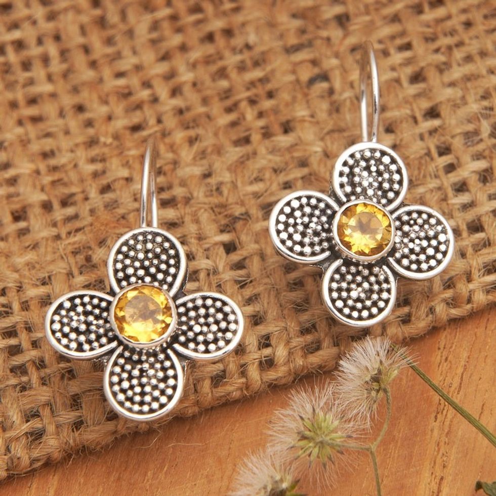 Floral Sterling Silver Drop Earrings with Citrine Jewels 'Spring of Joy'