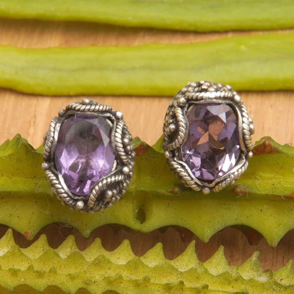 Sterling Silver Stud Earrings with Oval Amethyst Stone 'Dainty Purple'