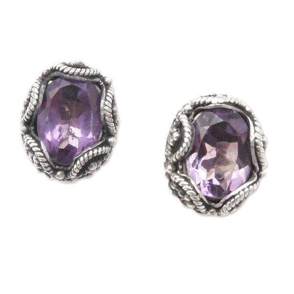 Alternate image for Sterling Silver Stud Earrings with Oval Amethyst Stone Dainty Purple