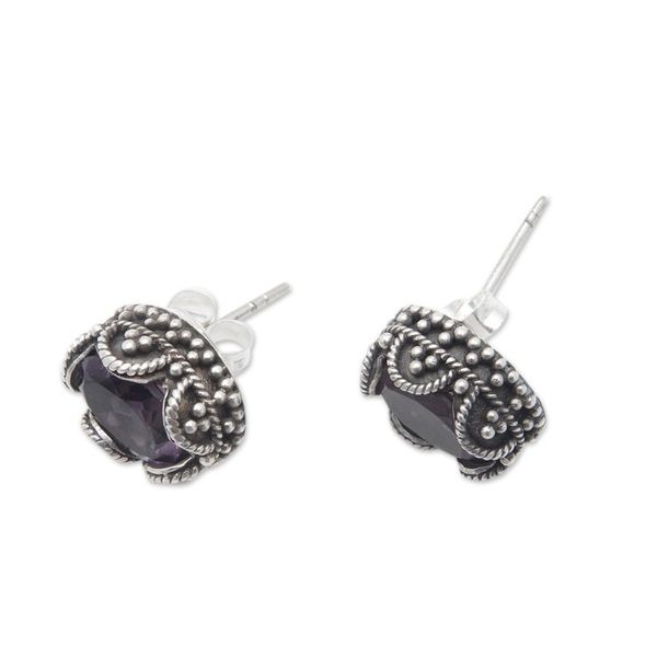 Alternate image for Sterling Silver Stud Earrings with Oval Amethyst Stone Dainty Purple