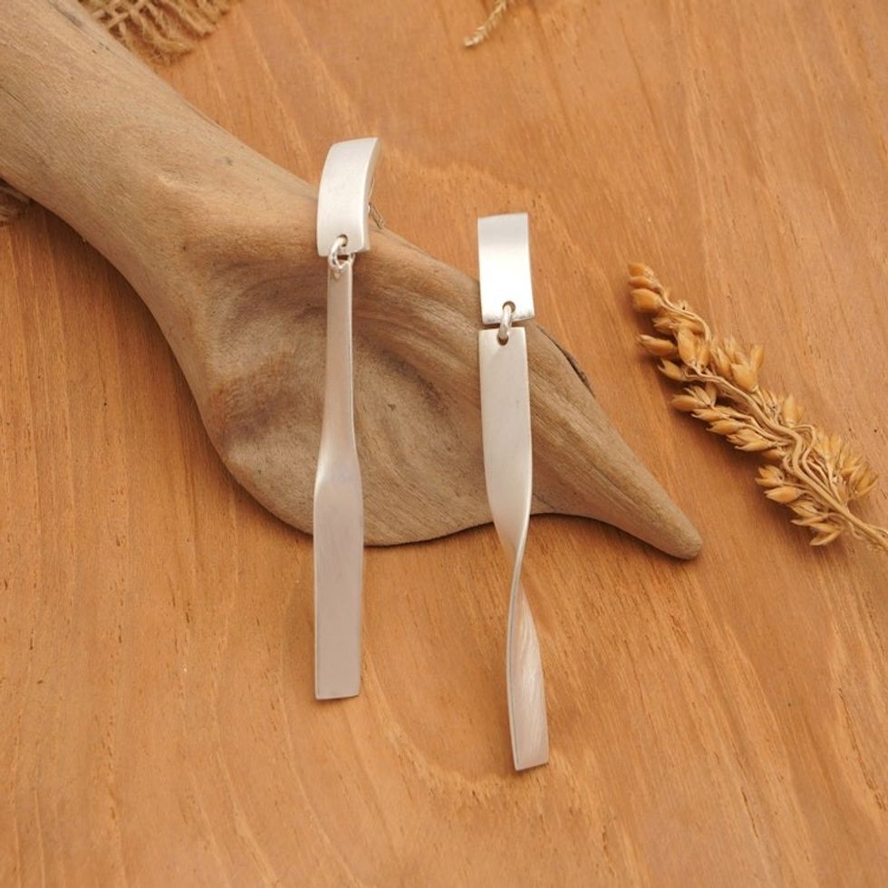 Modern and Minimalist Matte Sterling Silver Dangle Earrings 'Abstract Twists'