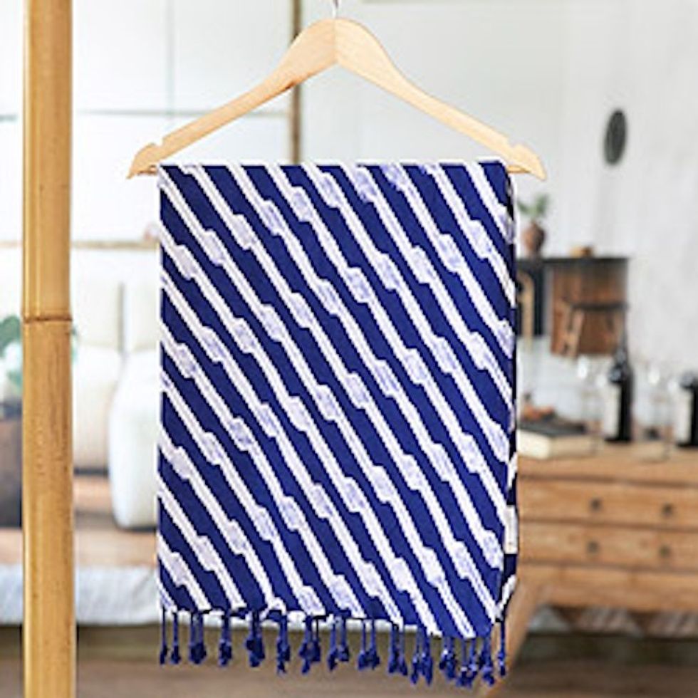 Fringed Patterned Blue White Rayon Batik Scarf from Java 'The Waves'