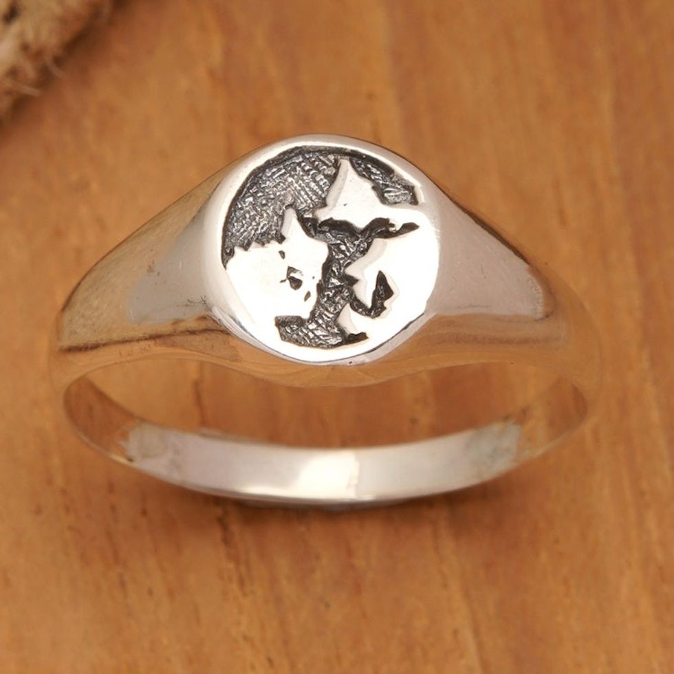 Sterling Silver Signet Ring with World Map Motif from Bali 'Globe Glam'