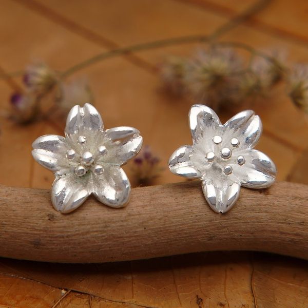 Alternate image for High-Polished Floral Sterling Silver Button Earrings Winter Frangipani