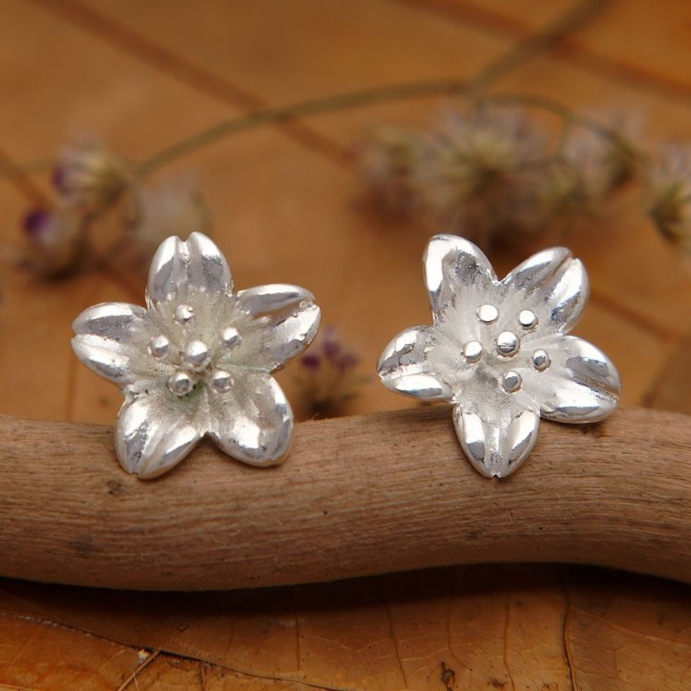 High-Polished Floral Sterling Silver Button Earrings 'Winter Frangipani'