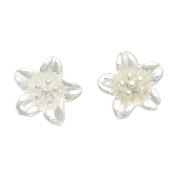 Alternate image for High-Polished Floral Sterling Silver Button Earrings Winter Frangipani