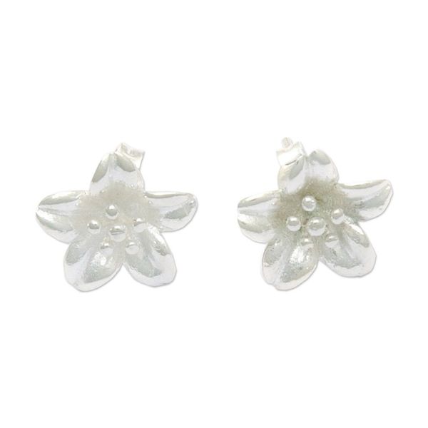 Alternate image for High-Polished Floral Sterling Silver Button Earrings Winter Frangipani