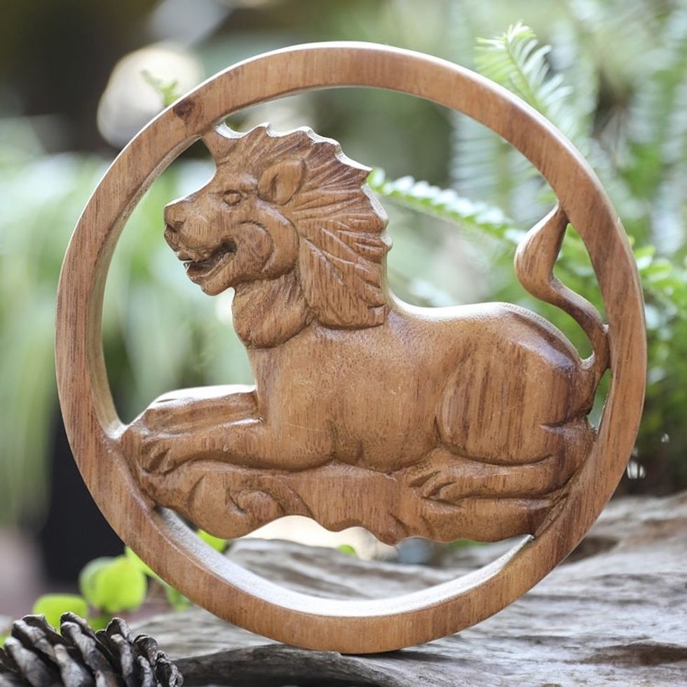Leo-Themed Hand-Carved Round Suar Wood Relief Panel 'Leo Firmament'