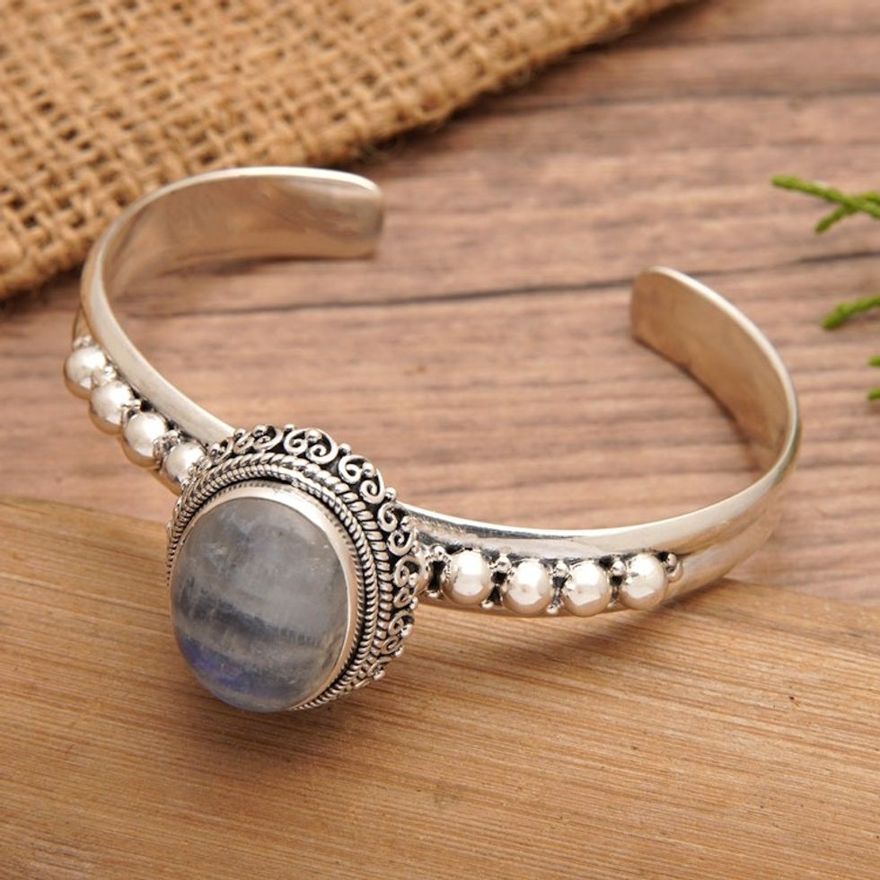 Traditional Natural Rainbow Moonstone Cuff Bracelet 'Queen Moonlight'