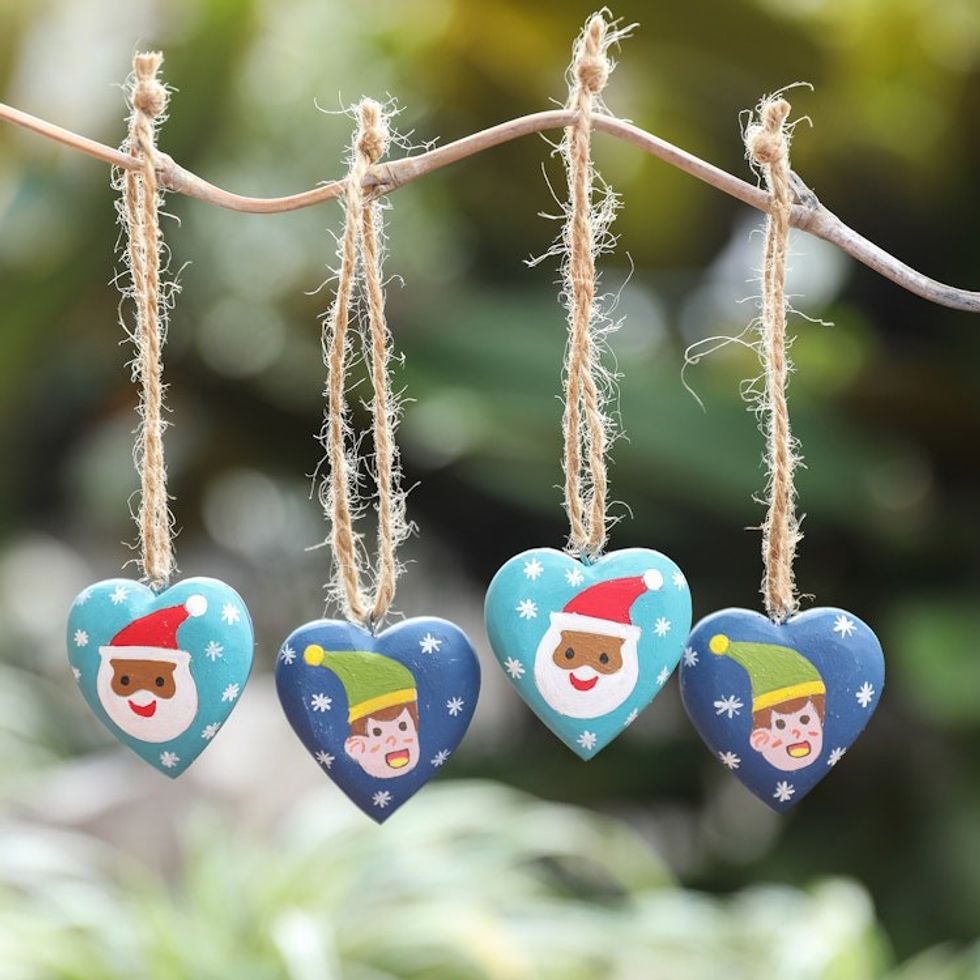 Set of 4 Heart-Shaped Blue Christmas Mahogany Wood Ornaments 'A Christmas Heart'