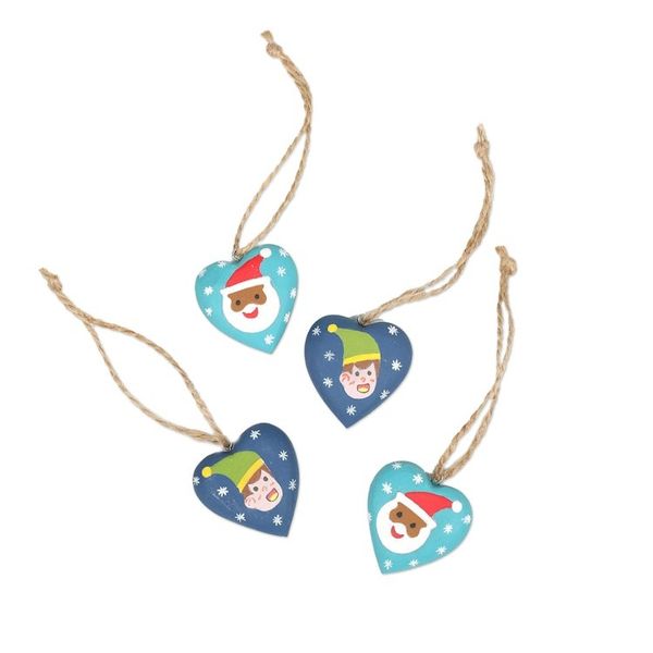 Alternate image for Set of 4 Heart-Shaped Blue Christmas Mahogany Wood Ornaments A Christmas Heart