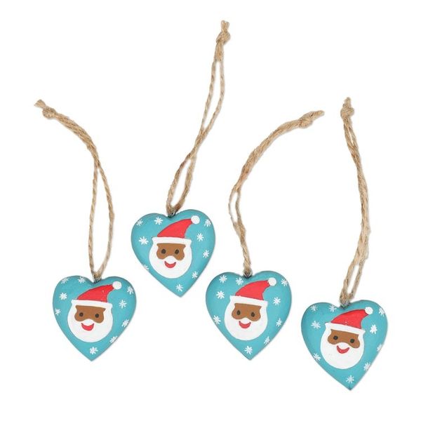 Alternate image for Set of 4 Heart-Shaped Blue Christmas Mahogany Wood Ornaments A Christmas Heart