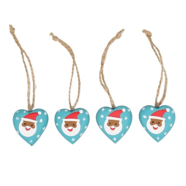 Alternate image for Set of 4 Heart-Shaped Blue Christmas Mahogany Wood Ornaments A Christmas Heart