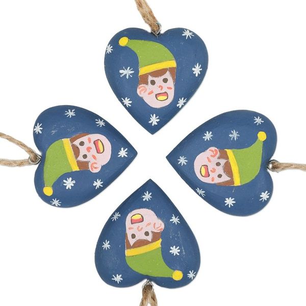 Alternate image for Set of 4 Heart-Shaped Blue Christmas Mahogany Wood Ornaments A Christmas Heart