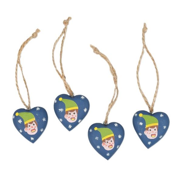 Alternate image for Set of 4 Heart-Shaped Blue Christmas Mahogany Wood Ornaments A Christmas Heart