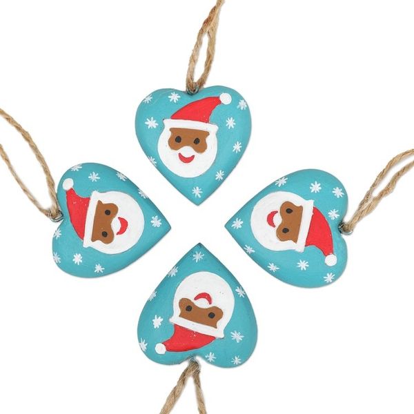 Alternate image for Set of 4 Heart-Shaped Blue Christmas Mahogany Wood Ornaments A Christmas Heart