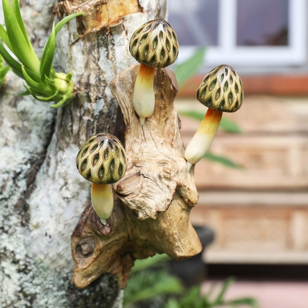 Wood Wall Art with Painted Yellow Mushrooms Made in Bali 'Enchanting Nature'