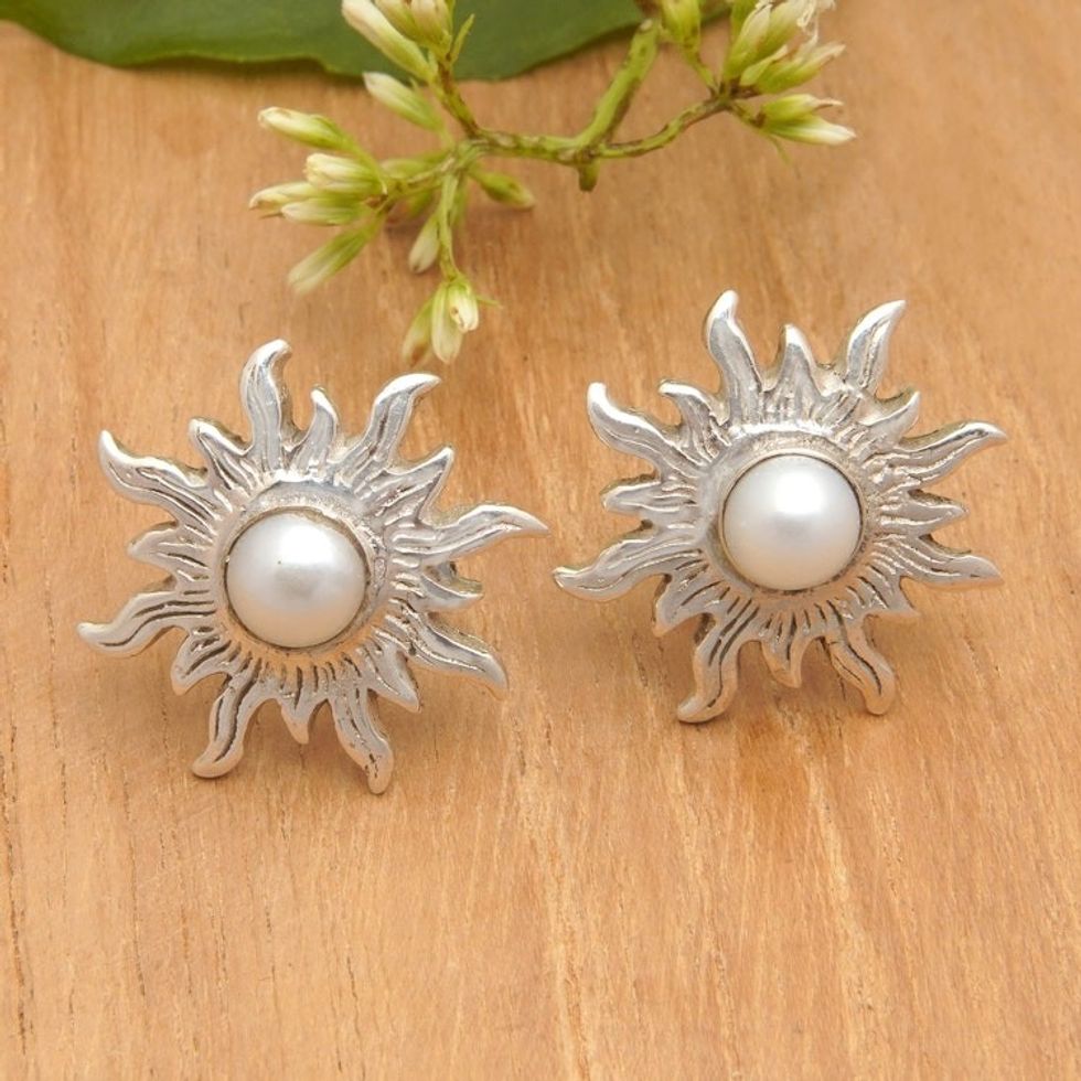 Polished Sterling Silver Sun Button Earrings with Pearls 'Pearly Sunlight'