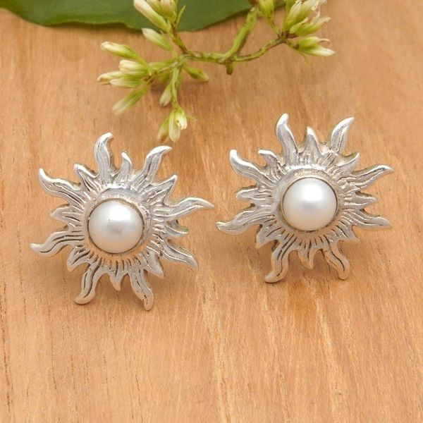 Alternate image for Polished Sterling Silver Sun Button Earrings with Pearls Pearly Sunlight