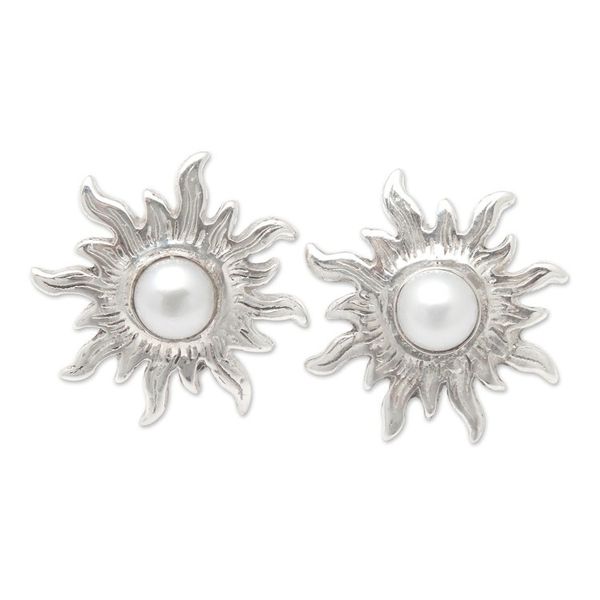 Alternate image for Polished Sterling Silver Sun Button Earrings with Pearls Pearly Sunlight