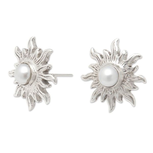 Alternate image for Polished Sterling Silver Sun Button Earrings with Pearls Pearly Sunlight