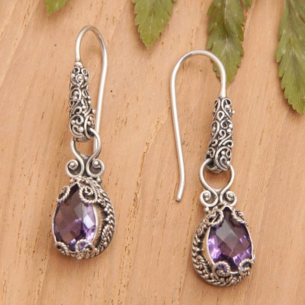 Amethyst Silver Dangle Earrings with Intricate Engravings 'Exquisite Purple'