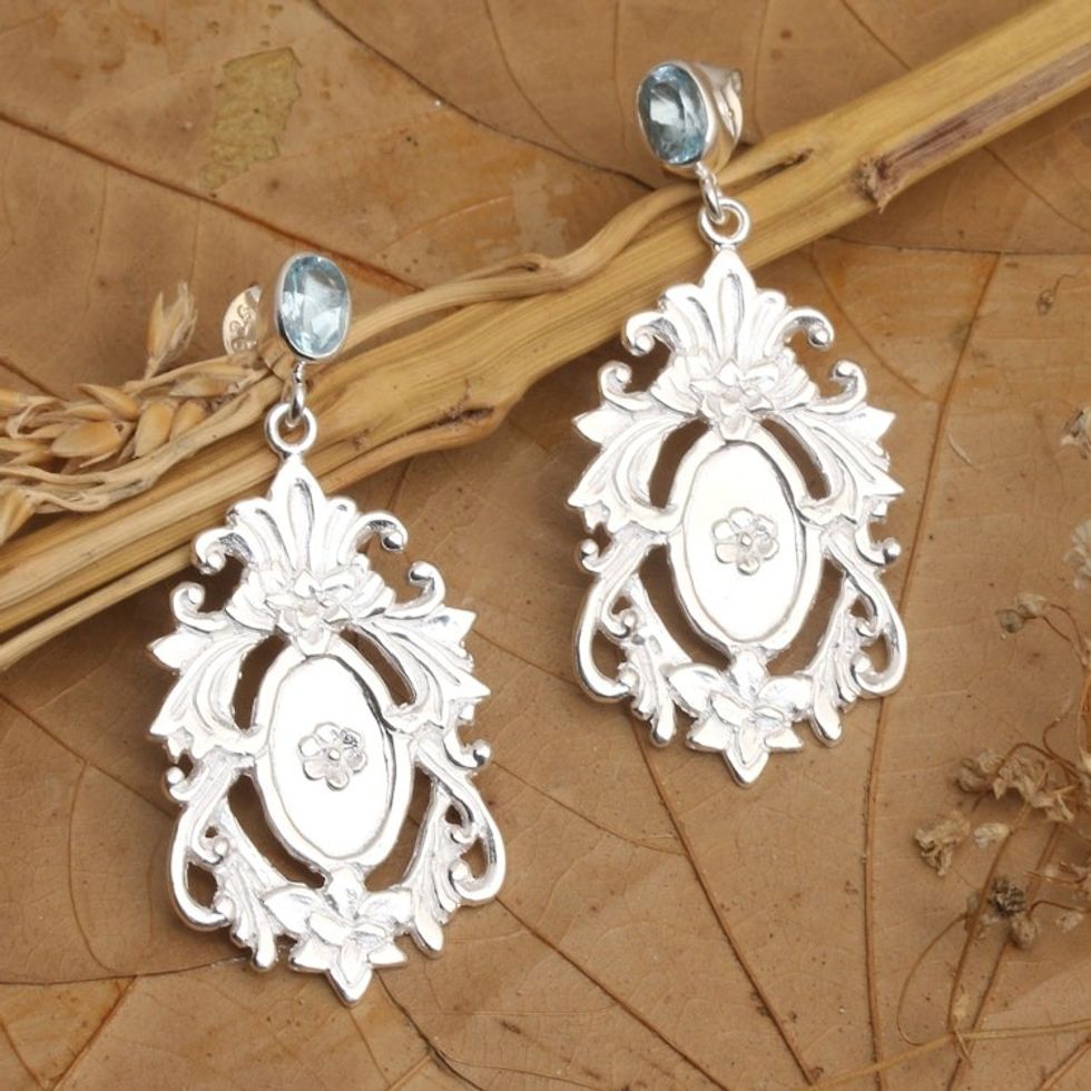 Antique Style 925 Silver Blue Topaz Floral Dangle Earrings 'Antique Inspiration'