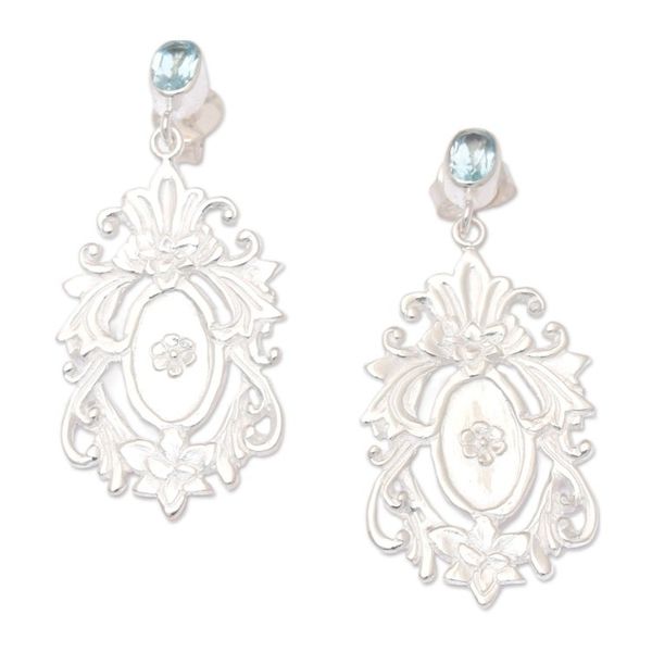 Alternate image for Antique Style 925 Silver Blue Topaz Floral Dangle Earrings Antique Inspiration