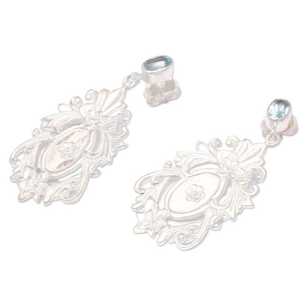 Alternate image for Antique Style 925 Silver Blue Topaz Floral Dangle Earrings Antique Inspiration
