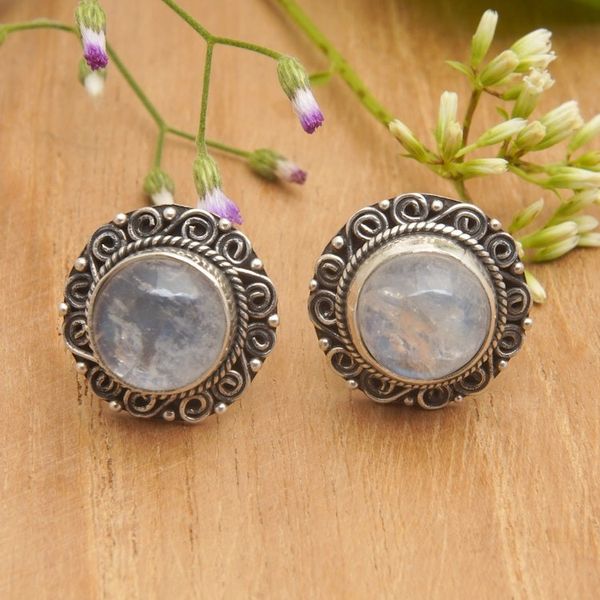 Alternate image for Balinese Floral Natural Rainbow Moonstone Button Earrings Harmonious Balinese