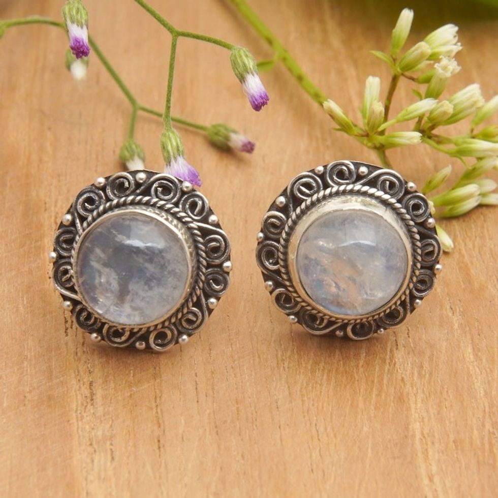 Balinese Floral Natural Rainbow Moonstone Button Earrings 'Harmonious Balinese'