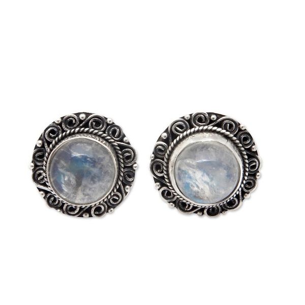 Alternate image for Balinese Floral Natural Rainbow Moonstone Button Earrings Harmonious Balinese