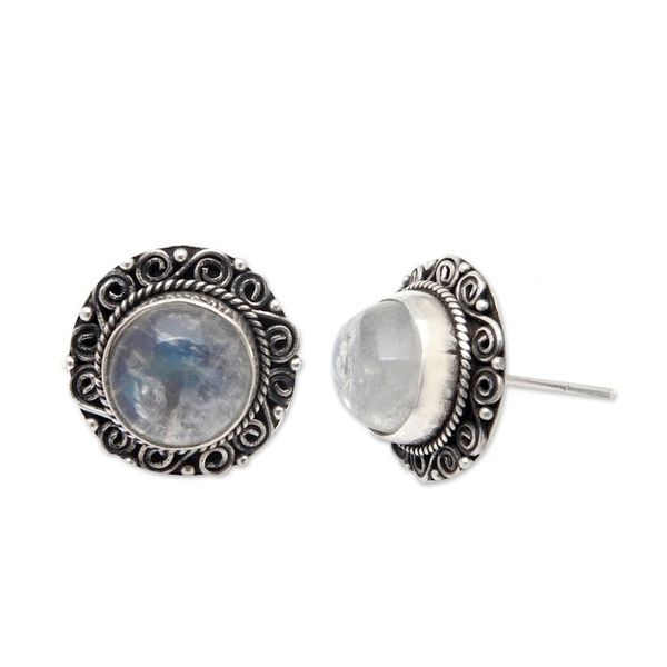 Alternate image for Balinese Floral Natural Rainbow Moonstone Button Earrings Harmonious Balinese
