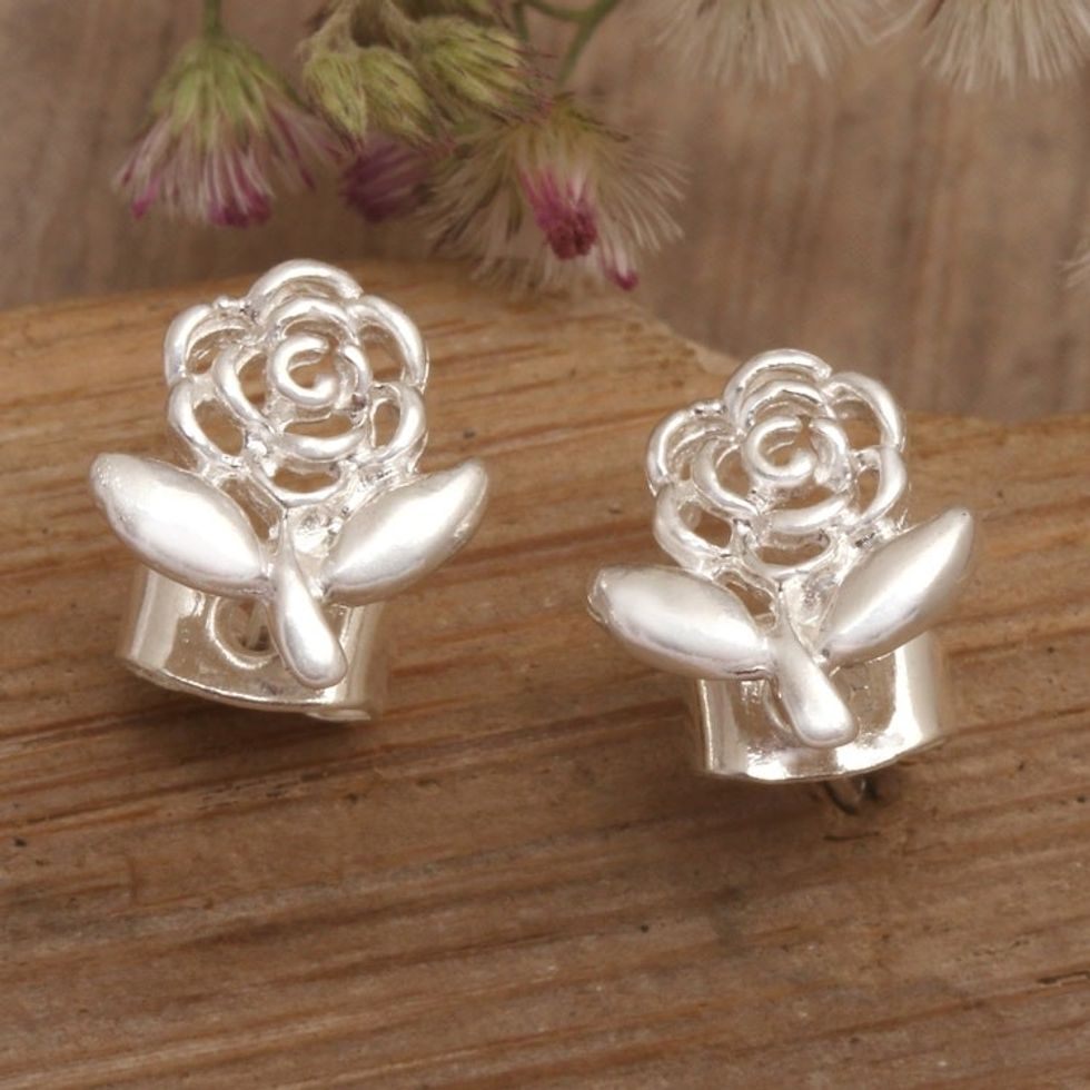 Openwork Sterling Silver Rose Leaf Stud Earrings from Bali 'Baby Rose'