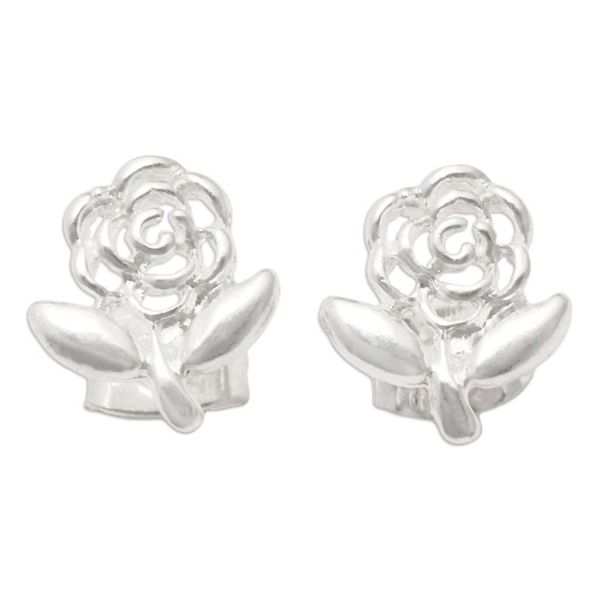 Alternate image for Openwork Sterling Silver Rose Leaf Stud Earrings from Bali Baby Rose