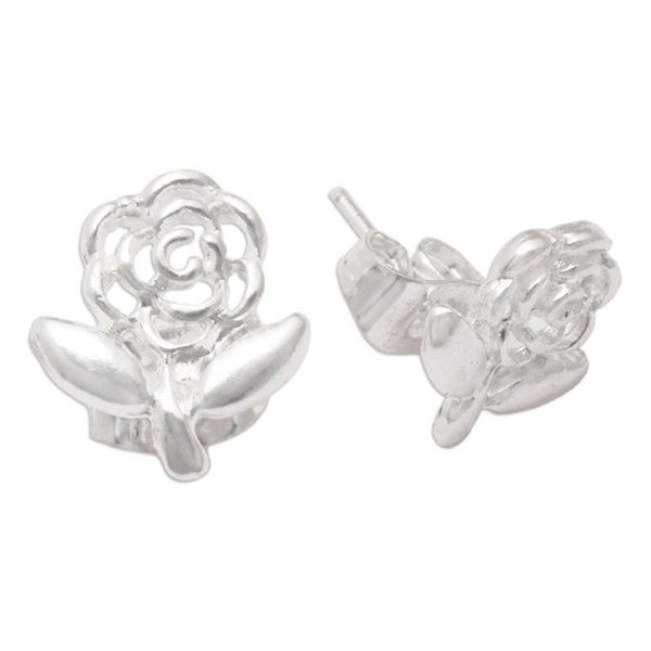 Alternate image for Openwork Sterling Silver Rose Leaf Stud Earrings from Bali Baby Rose